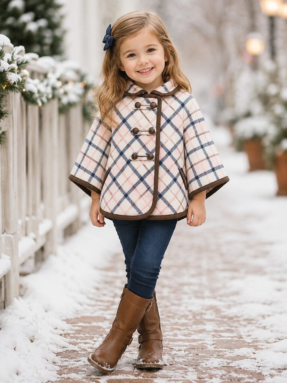 Janie and Jack Girls Years 3-4 Plaid Brush Twill Poncho White Pink Blue Brown